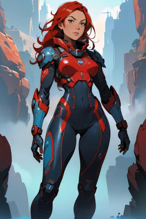 ((A woman with red hair, natural blue pele)), wearing a futuristic suit,  full body , Astronaut Armored Suit  , Anime Space Cadet Girl, Wojtek FUS, Epic science fiction character art, Epic Sci-Fi Character Art,  detailed digital concept art, Artstation Tre...