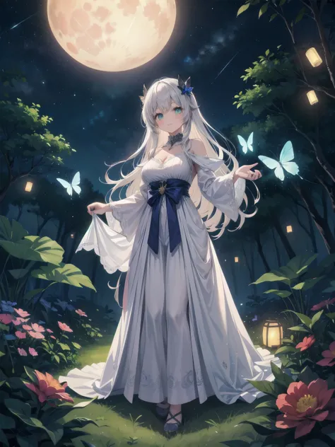 Ultra-high-resolution, magical atmosphere, vibrant colors, dynamic lighting. BREAK Girl with long silver hair, emerald eyes, in gown of leaves and flowers. Standing on giant tree branch over mystical forest with floating lanterns, glowing butterflies. Fant...