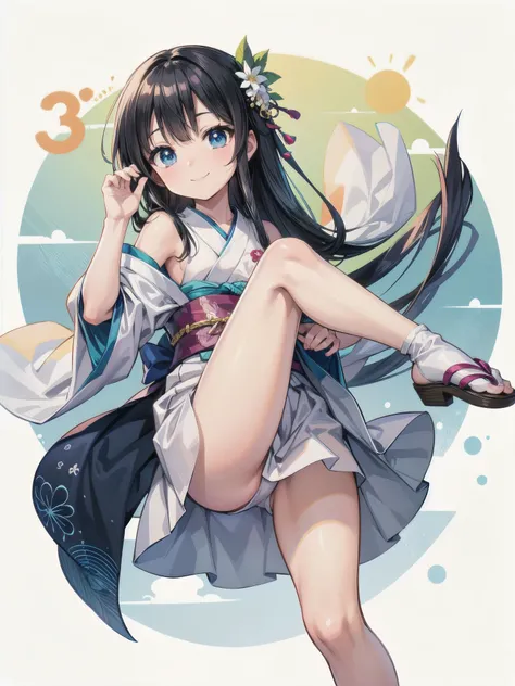 school festival venue is beautifully detailed and features a Japanese anime-style background. The main heroine is wearing a white dress and is posed in a cute pose with her right leg stretched out in front and left leg pulled back. She has black shoulder-l...