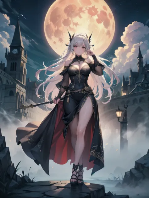 Ultra-detailed, high-resolution, cinematic lighting, 8K, photorealistic, vivid colors, masterful art, intricate details, smooth lines, sharp focus BREAK stunning woman standing atop a cliff overlooking a vast, mystical Halloween landscape; towering castles...