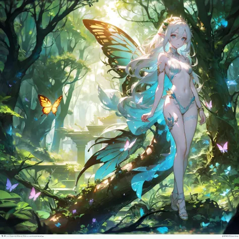 A beautiful elf girl ，Full body view，Standing in a forest with fallen leaves and flying butterflies， has a detailed face and eyes ，Smoky Makeup，Transparent skin，Glowing eyes，fantasy style， heart-shaped pattern ，Four Leaf Clover，nude，（ Best Quality，4K，8k， h...