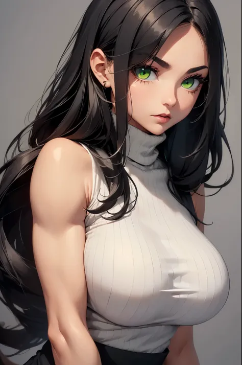 (((Medium muscular girl))) huge breasts grey background black hair very long hair green eyes pale skin, red lips, 
Turtleneck sleeveless shirt,  eyeliner, close up