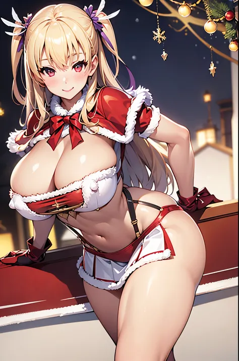 masterpiece, mischievous smile, light blush, looking at viewer, sexy pose, (huge breasts: 1.2), fur-trimmed capelet, fur-trimmed skirt, fur-trimmed gloves, underboob, suspenders, center opening, cleavage, smile, santa costume, detailed christmas in the bac...