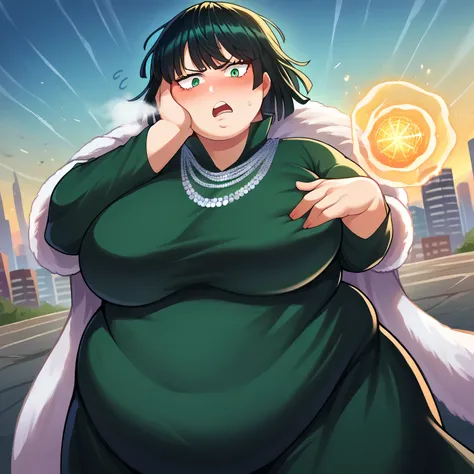 score_9, score_8_up, score_7_up, source_anime,
fubuki, fubuki, black hair, green eyes, short hair,
black dress, dress, fur coat, high collar, jewelry, necklace, off shoulder, taut clothes, taut dress,
outdoors, cityscape, magic, fighting stance, ice, ice m...