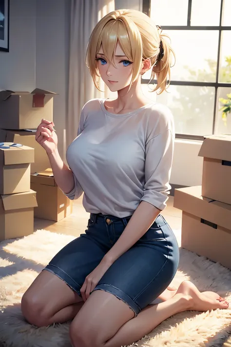 Mature woman, blonde hair tied in a ponytail, blue eyes, 4k resolution, high quality cg, beautiful cg, soft light, in a living room wearing casual clothes, kneeling next to a cardboard box in the process of a move, with a wistful look on her face.