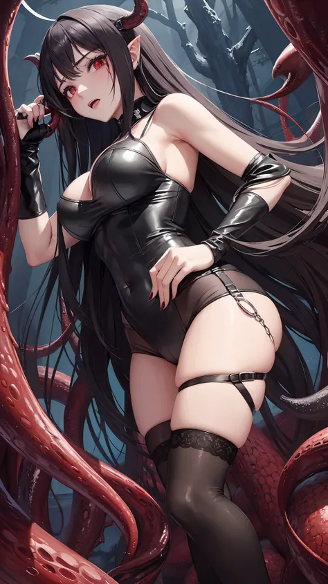 masterpiece, best quality, In winter, night, 4 But, girl, very long hair, There is blood on the face, big breasts, Gothic_Changeta, Change, Sadomasochism, wall, Zombified，Zombie Change and tentacles fuse，Zombie Queen，Black tentacles，Tentacles and legs，hot ...