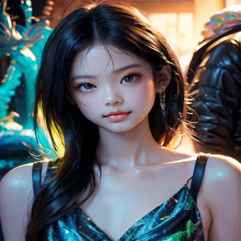 Glow in the dark ，Paint splashing，Captivating psychedelic surreal neon amazing universe beautiful gorgeous women in a bright colorful neon light，Mark Reiden、daniel merriam、Bright neon colors in the style of Frank Frazetta and Boris Vallejo, 、fashion clothe...