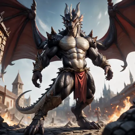 solo, male, humanoid dragon god, super details, super detailed muscles, black scales, white belly, black claws, muscular, menacing, sexy, handsome, super detailed red color slit eyes, super detailed teeth, pecs, dragon wings, hind legs, tail, (Masterpiece,...