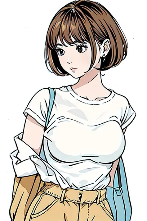 masterpiece、high quality,One girl,alone,Simple Background, Baggy white T-shirt, Beige wide silhouette bottoms, Tuck the bottoms of your tops into your bottoms, Super huge breasts