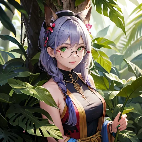 Draw an image of a girl in a Peruvian jungle costume 、 depict an Aguaje Ungraoui tree that adds vibrancy and color to the whole body。.、Glasses、 light purple hair、 green eyes