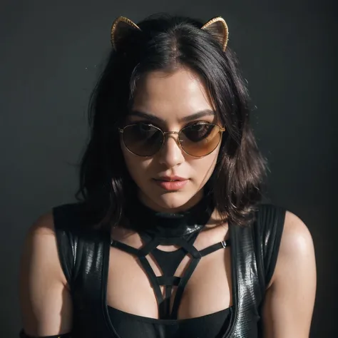  wearing gold frame reflective sunglasses {x} cyberpunk, black, golden and silver silk in the moonlight, big horn, go down the mountain tiger, knelt down on one knee: 6 miniature model ， wear gold frame reflective sunglasses ，
Rouge complexion， very happy ...