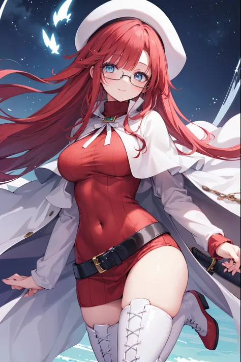 summonnightaty, aty, (young:1.3),long hair, blue eyes, red hair, big_tits, hat, glasses,
BREAK long hair, thighhighs, hat, dress, naked_legs, glasses, belt, cape, sweater, zettai ryouiki, beret, thigh boots, white footwear, ribbed sweater, loose belt,solo,...