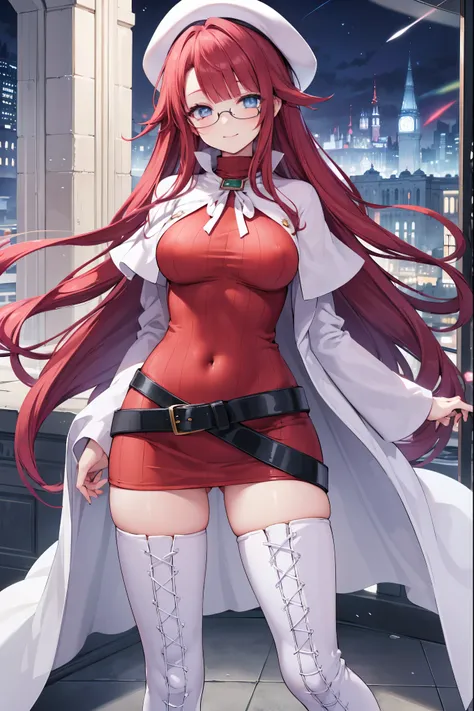 summonnightaty, aty, (young:1.3),long hair, blue eyes, red hair, big_tits, hat, glasses,
BREAK long hair, thighhighs, hat, dress, naked_legs, glasses, belt, cape, sweater, zettai ryouiki, beret, thigh boots, white footwear, ribbed sweater, loose belt,solo,...