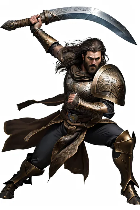 (((Full-body))), (((showing all limbs on canvas))), (clothed:1.5), semi-realistic depiction of Jorlan Ironclad, a Bronze Age male warrior from the Glorantha setting. ((He is captured mid-action)), swinging his bronze-tipped sword with fierce intensity. His...