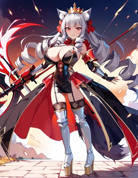  high image quality、 High Quality 、 petite girl、crown、Wolf ears、Wolf Tail、 Silver Hair、 drill twin、Platform boots、 thigh-high boots、Greaves、Villainess、villain、princess、Ruler、Empress、Blunt weapon、Mace、Sharp Eyes、Crimson Eyes、Big Breasts、 leather bondage dre...