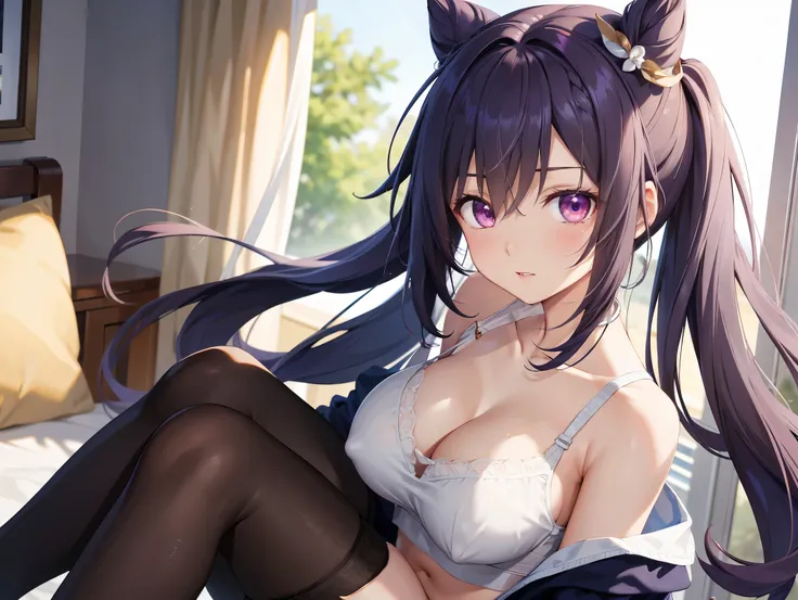 (( best quality)), ( high definition ), (( very detailed))、(masterpiece)、A high school girl with mature disheveled hair、Im wearing a cute bra and cute panties、(Im wearing knee-high stockings)、( at a )、Cute nipple shape、(Hair messed up by the strong wind)、N...