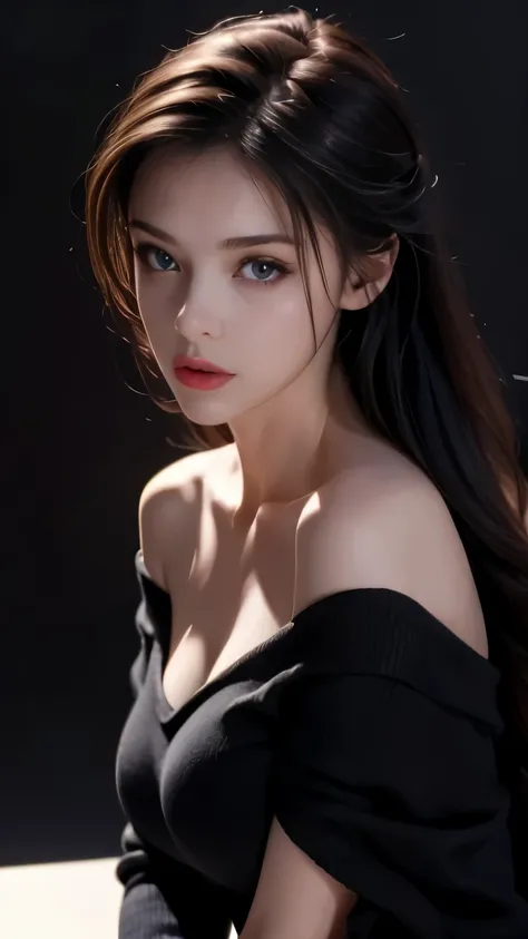 ultra high res, masterpiece, best quality, perfect glossy shiny skins, perfect lighting, detailed lighting, dramatic shadows, ray tracing, black sweater, looking at viewer, off shoulder, Big breasts, Exposed cleavage, blue Eyes, nsfw, ((Dark background)), ...