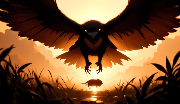 a silhouette of an owl hovering over mouse at dawn, sun rays, open field background, National Geographic photoshoot, silhouette artwork, hyp3rd3tail style