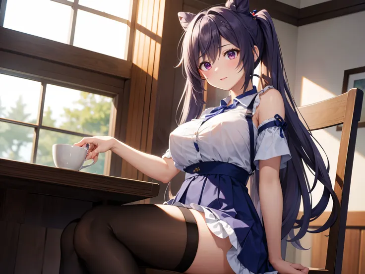 (( best quality)), ( high definition ), (( very detailed))、(masterpiece)、A high school girl with mature disheveled hair、Im wearing a cute bra and cute panties、(Im wearing knee-high stockings)、(Sitting with crotch open at the table)、Cute nipple shape、(Hair ...