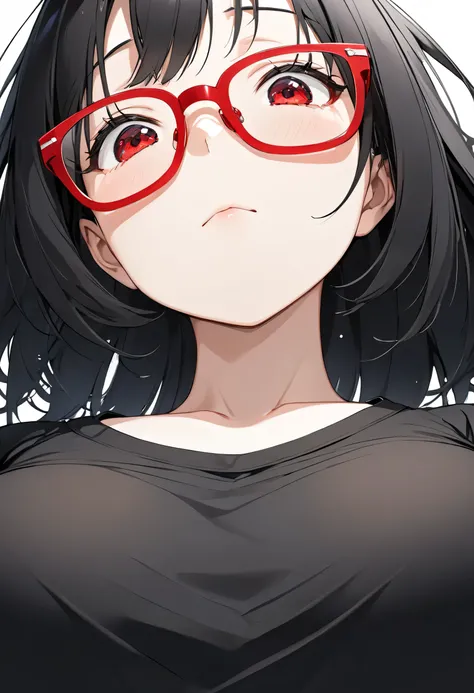 Angle directly below ground、 closes her mouth、 poor eyesight 、 with a cool expression 、 black hair shortcut、 red glasses、 plain black t-shirt without logo、Big Tits 45、 angle from below、、 poor eyesight 、 Look Down、White background、low angle：