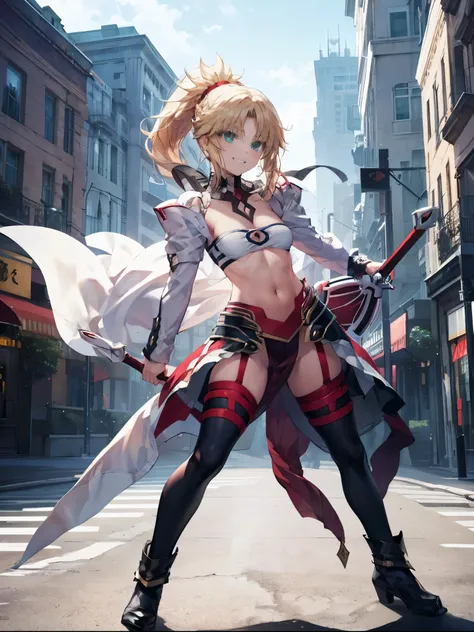 best quality, integrated scenery, integrated background, extremely delicate and beautiful, meticulous details, good composition, cute face, perfect face, perfect hands ,Masterpiece, Best Quality, illustration, city street, 1girl, Mordred (fate), collarbone...