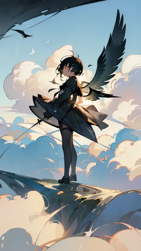 ( Flying Bird Silhouettes:1.2)、( If you look closely, its a girl with bird wings on her arms:1.2)、  pretty girl 、((  Masterpiece )), ((( best quality))), (( ultra detail)),  (wonderful:1.1), beautiful, nature, Sky and ground, Strong winds, Blown by the Win...