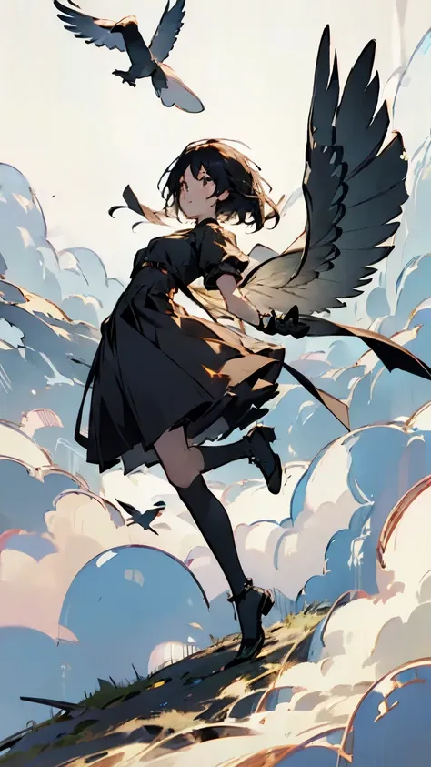 ( Flying Bird Silhouettes:1.2)、( If you look closely, its a girl with bird wings on her arms:1.2)、  pretty girl 、((  Masterpiece )), ((( best quality))), (( ultra detail)),  (wonderful:1.1), beautiful, nature, Sky and ground, Strong winds, Blown by the Win...