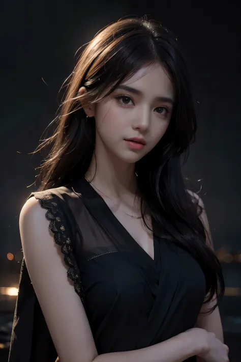 masterpiece, photorealistic:1.4 , bright face, glowing skin, best quality, ultra high resolution, front view, raw photo, 1girl, indian girl face, black saree dress, perfect face, in the dark, deep shadow, Cold light, , looking at the viewer, volumetric lig...