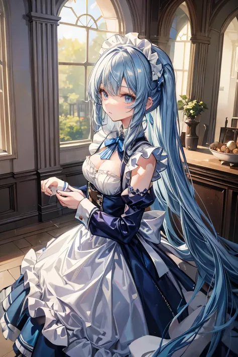 masterpiece, best quality, very detailed, pretty girl, teenager, smaller breasts, Thin Waist,long straight hair, blue hair , perfect eyes, so cute,slender, Blue Maid Outfit, long skirt ,Lots of maids,A large number of maids line up,Hall
