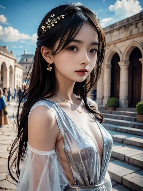 （8k， best quality ， masterpiece：1.2），（ Photo realistic：1.4) revealing dress，outside， Ancient City，  High Quality ，Advanced Skin Detail，Super Beauty、Sexy face、