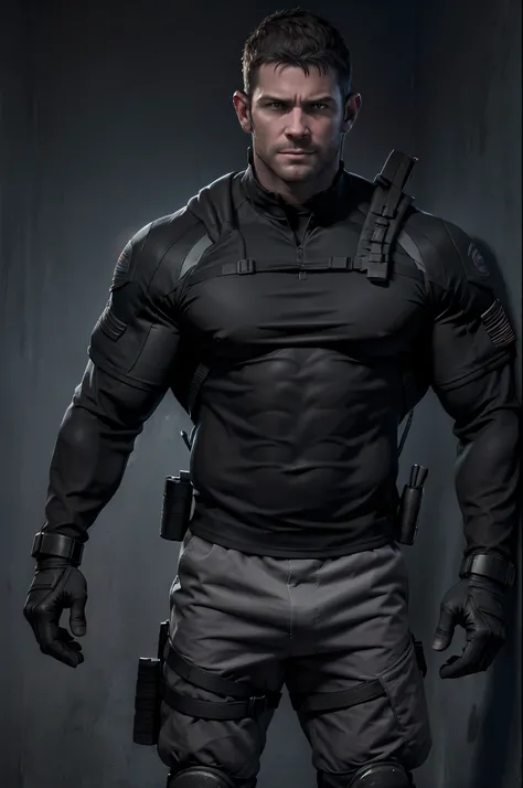 1 man, solo, 35 year old, Chris Redfield, wearing a grey T-shirt, smirks, looking at the camera, black color on the shoulder and a bsaa logo on the shoulder, military tactical suit, equipment, tall and hunk, biceps, abs, chest, best quality, masterpiece, h...