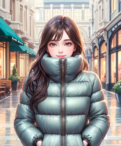 1lady solo, (strolling through city), (stylish outfit) (down jacket) (zipped up to neck), (mature female:0.7), /(brown hair/) bangs, kind smile, (masterpiece best quality:1.2) delicate illustration ultra-detailed, large breasts, (holding casual bag) BREAK ...