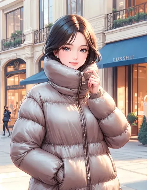 1lady solo, (strolling through city), (stylish outfit) (down jacket) (zipped up to neck), (mature female:0.7), /(black hair/) bangs, kind smile, (masterpiece best quality:1.2) delicate illustration ultra-detailed, large breasts, (holding casual bag) BREAK ...