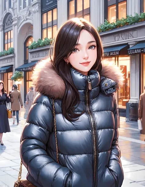 1lady solo, (strolling through city), (stylish outfit) (down jacket) (zipped up to neck), (mature female:0.7), /(dark brown hair/) bangs, kind smile, (masterpiece best quality:1.2) delicate illustration ultra-detailed, large breasts, (holding casual bag) B...