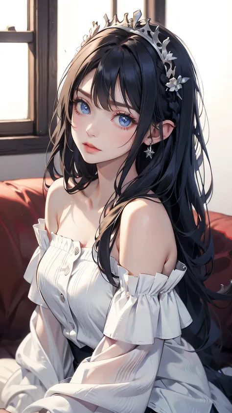 Best quality, highly detailed, masterpiece, ultra detailed, (reality: 1.2), 1 girl, (white background), simple background, delicate eyes, Black hair, blue eyes, hair_ornament, (white off-the-shoulder shirt: 1.3), long hair, pointy_ears, crown_braid, expres...