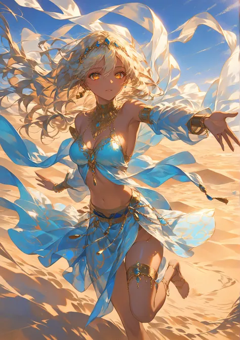 Masterpiece, high quality, high resolution, 16K, super detailed background, Makoto Shinkai illustration, ultra realistic, digital painting, fantasy, desert girl, short blonde hair, tanned brown skin, amber eyes, sand swirling patterns in eyes, long eyelas...