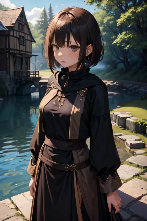 woman， brown bob cut ，， sad expression ， beautiful skin in NFSW， wears a black mage robe， Unexposed ，The water mill in the background ，anime，Illustration， long skirt，Like Fullerene 