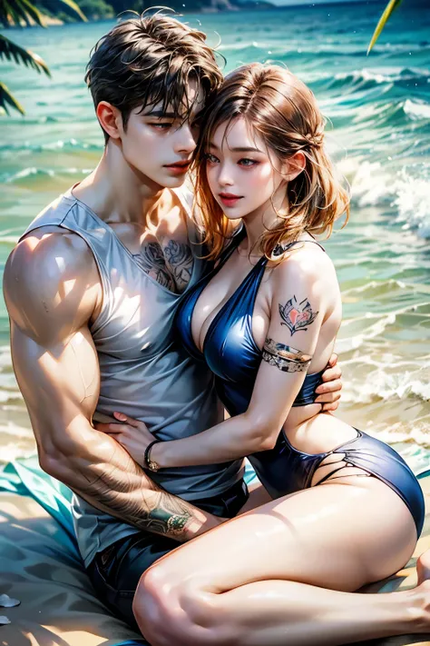 one handsome man and one woman on the beach, two person, lover, couple, accurate, 1 male and 1 female, SFW swimsuit for man and woman, middle tones, ผลงานชิ้นเอก, พื้นผิวที่มีความสมจริง, ความละเอียดสูง, day time, only man have tattoos