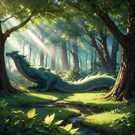 A  dragon sleeping in a forest with sunlight filtering through the trees