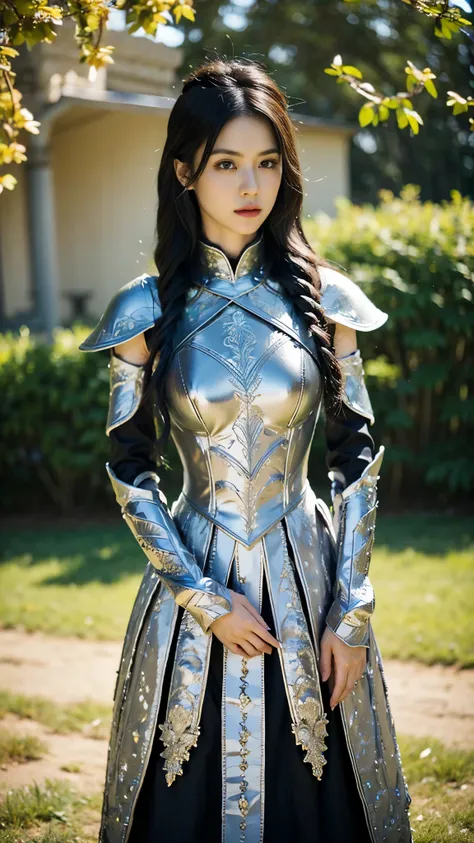 (8K, best quality: 1.2), (masterpiece: 1.37), (photo, photorealism: 1.37), (ultra high resolution), [Chinese|Russian|Japanese|Korean], half body, walking pose, Frontal shot, slow motion, of a female paladin fully clothed, (light silver armor: 1.2), (ornate...