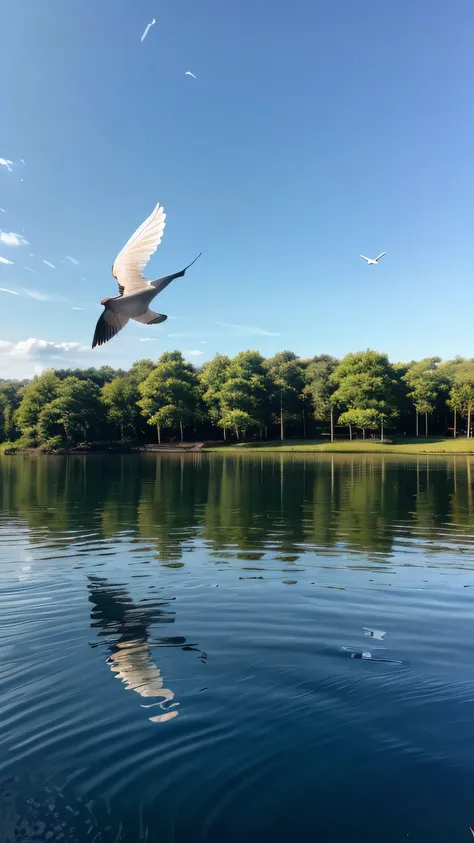 8k、 A bird flying close to the surface of the water in a blue sky、 shadows of birds flying on the surface of the water are reflected、Sunshine