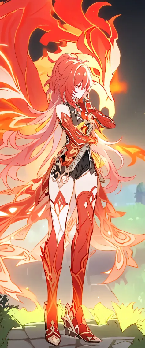 Genshin impact, diluc female version., long red hair, phoenix, beautiful landscaping in background, high in sky, full body view 