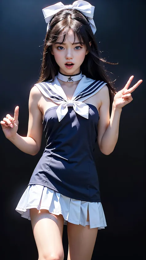 ((  Masterpiece ,  best quality,  Max Image,  high definition ,  realistic ,  RAW photo, 8k, reality))、( girl)、 Clear Dark Blue Eyes 、Sharp Eye、Thin Nose、 beautiful face, 1 female、( girl:1.2)、( black hair、Long straight hair:1.2)、( sailor suit collar and ri...