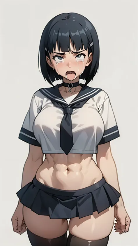 anime,EFT_Sao_Sis,(rolling eyes:1.5,angry face:1.5,crying:1.3,out tongue),(cowboy shot),(black bob cut,straight bang:1.3), (choker, short-sleeved sailor blouse,gray sailor collar,croptop,gray sailor necktie,low-rise micro pleated skirt,black thighhigh stoc...