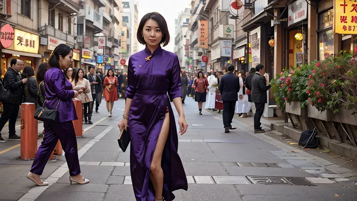 sexy chinese new year girl in purple silk china dress, 55 years old, bustling street, New Year 2024