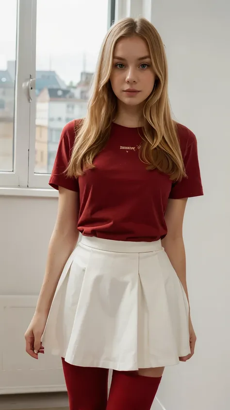 German Girl Pale Skin with Red Socks, Skirt and Shirt Blonde Hair