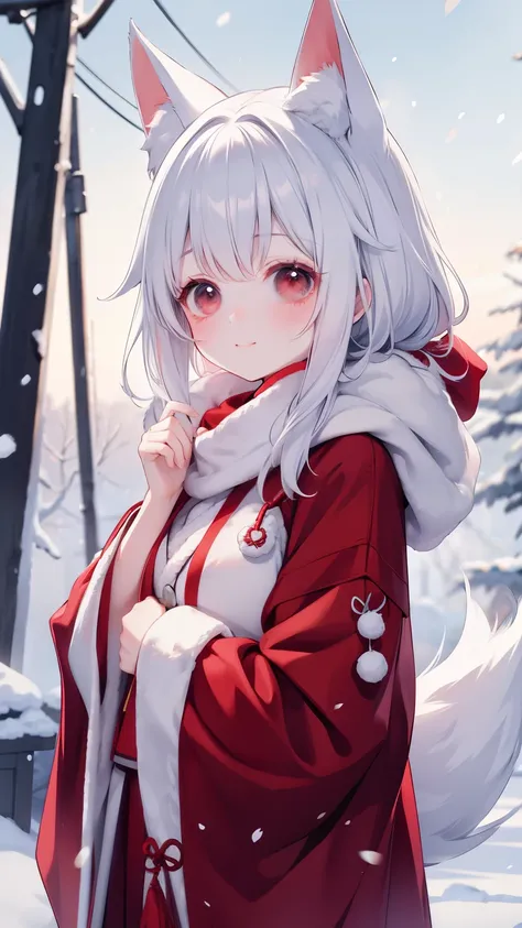 Anime style, 1 girl, smile、fox、Shrine maiden、winter, warm clothes, red cheeks, red nose, snowing, Background: winter