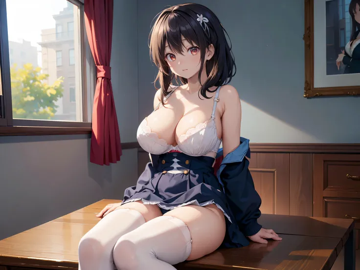 (( best quality)), ( high definition ), (( very detailed))、(masterpiece)、One mature woman with disheveled hair、Im wearing a cute bra and cute panties、(Im wearing knee-high stockings)、(Sitting with crotch open at the table)、Cute nipple shape、(Hair messed up...