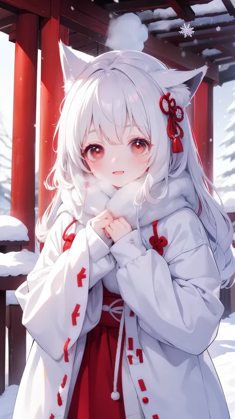 Anime style, 1 girl, smile、fox、Shrine maiden、winter, warm clothes, red cheeks, red nose, snowing, Background: winter