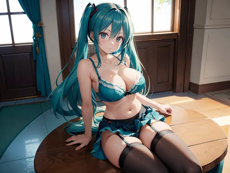 (( best quality)), ( high definition ), (( very detailed))、(masterpiece)、Hatsune Miku with disheveled, mature hair、Im wearing a cute bra and cute panties、(Im wearing knee-high stockings)、(Sitting with crotch open at the table)、Cute nipple shape、(Hair messe...